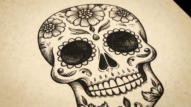 Handdrawn sugar skull with floral patterns sits on aged paper, symbolizing Dia de los Muertos in a traditional, artistic style.