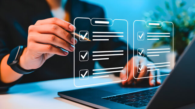 Person working on laptop with checklist on screen in office environment from close-up viewpoint like 21.jpg