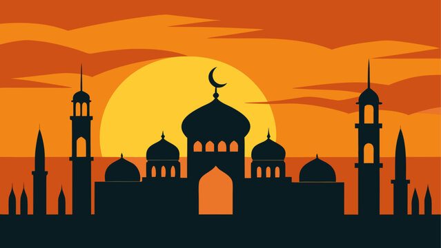 Silhouette of middle eastern cityscape with minarets and crescent moon