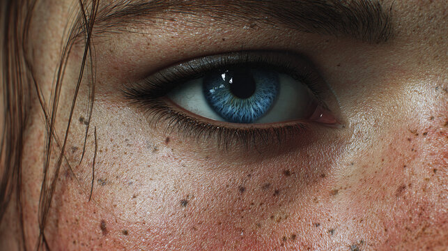 A captivating close-up of a human eye, filled with an intense blue color and surrounded by skin texture