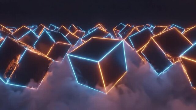 Abstract neon cube formation floating in a misty dark space futuristic technology concept for blockchain metaverse digital innovation and modern design projects