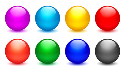 Eight colorful, glossy spheres arranged in two rows with visible reflections and soft shadows on white