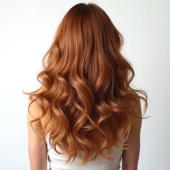 Naklejka premium Back view woman wavy red hair. Healthy shiny hair texture, coiffure style. Natural auburn color, beauty care. Long flowing curls, volume. Good for hair products.