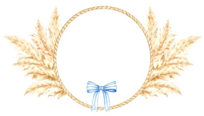 Round frame with light beige pampas grass and light blue bow
