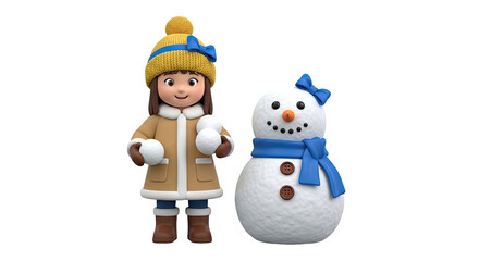 Girl and Snowman Ready for Winter Fun