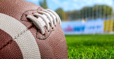 American football ball during game on green grass
