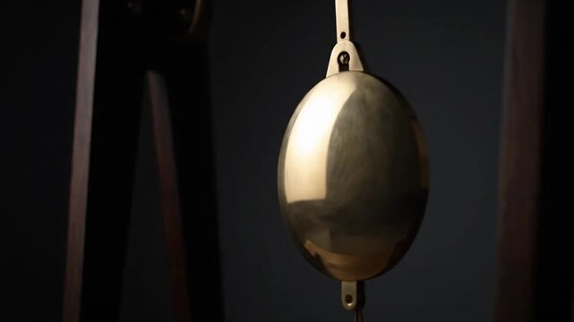Close-up of a vintage pendulum clock's brass pendulum swinging slowly against a dark background.