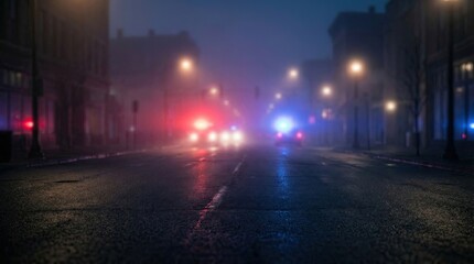 Naklejka premium Blurred background showing police lights at crime scene concept. A foggy street scene illuminated by police lights at night.