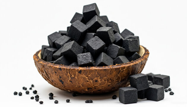 Hookah charcoal cubes made from coconut shell in a natural, rustic coconut bowl, isolated on a clean white background.