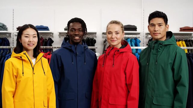 multi ethnic people wearing colorful raincoats in store