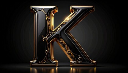 Elegant and royal 3D uppercase letter K luxurious shiny black and ornate golden filigree elaborate alphabet typography design element