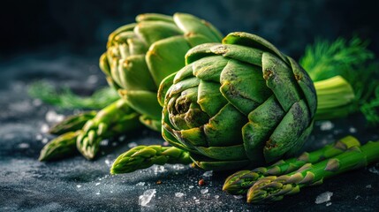 Fototapeta premium Spring Harvest Still Life: Artichokes and Asparagus with Moody Textures