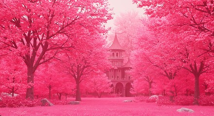 Pink Fairy Tale Forest with Tower