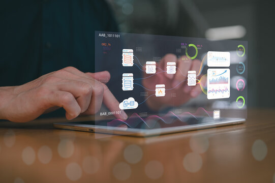 DevOps engineer in Ai Digital transformation technology strategy of business processes data, optimize automate operations, customer service management, Man touching ai icons and use tablet