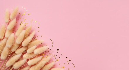 Pink Background with Beige Dried Flowers and Gold Glitter