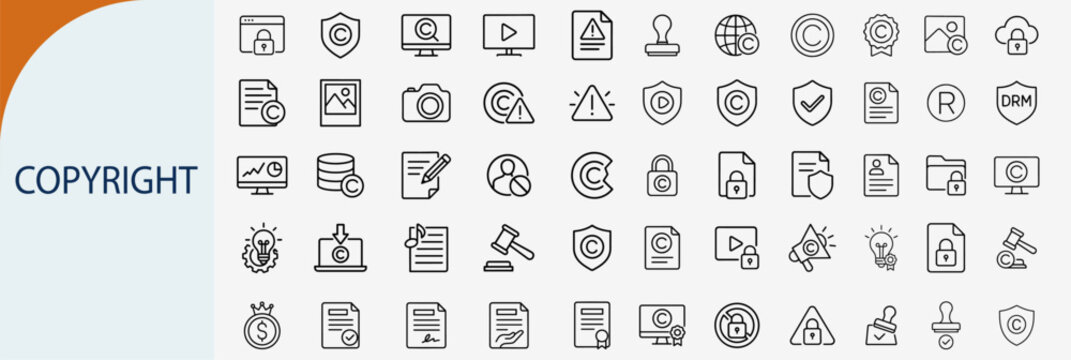 Copyright and intellectual property icon set, legal protection vector illustration