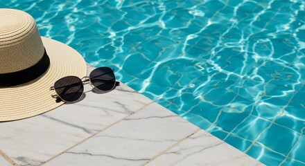 Summer Vacation Essentials: Sunglasses and Straw Hat by Pool