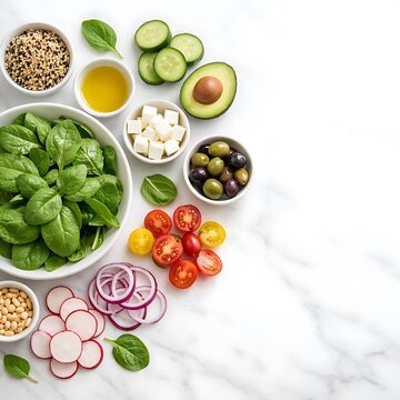 Spinach Salad Ingredients Flat Lay on White Marble