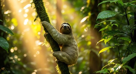 Obraz premium Adorable mammal clings securely to a mossy tree trunk within a sunlit, dense forest