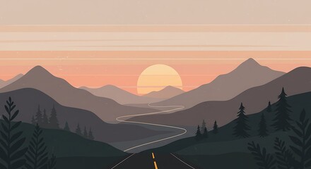 Sunset Mountain Road Landscape, Scenic Highway View