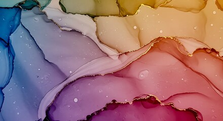 Abstract Alcohol Ink Background: Rainbow Hues and Gold Accents