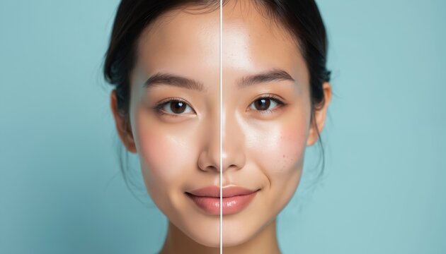Split face comparison shows skin improvement from primer and setting spray. One side displays clear radiant skin, other has minor imperfections before treatment.
