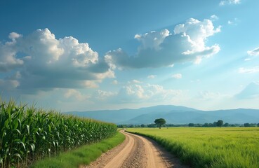Obraz premium Winding dirt road through green farm fields under a vast blue sky with fluffy white clouds. Tall corn stalks border the path leading towards distant rolling hills and a lone tree.