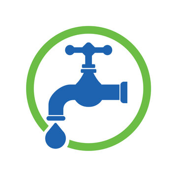 Minimalist water faucet logo vector with simple clean lines and balanced form, representing plumbing, water flow, and home utility services, isolated on white background.