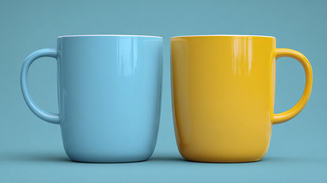 Two simple colored cups with handle are placed together