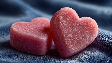 Obraz premium Two pink heart shaped candies on blue fabric background