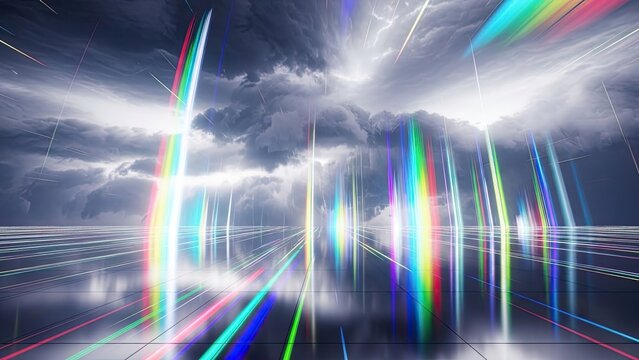 Dramatic stormy sky with vibrant rainbow light reflections and surreal atmospheric effects