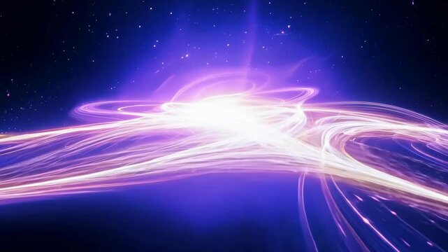 Vibrant purple and white light trails swirling in a cosmic energy vortex, representing high-speed data or galactic motion.