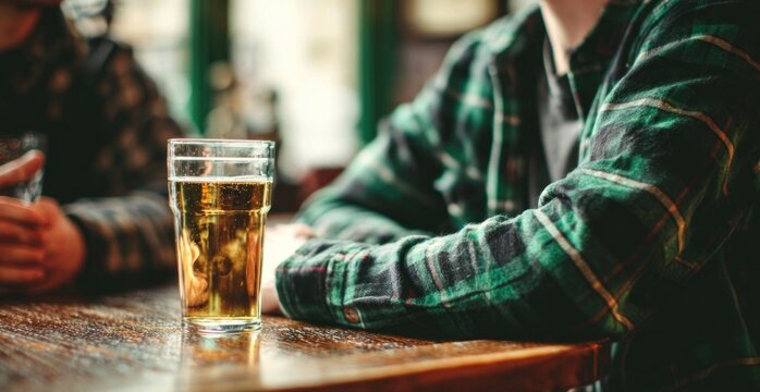 A cozy pub scene featuring a glass of beer on a wooden table, with a person in a checkered shirt casually resting their arm nearby.