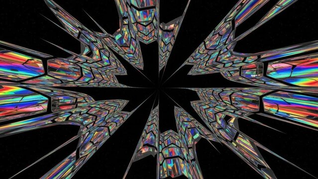 Futuristic abstract crystalline structure with vibrant iridescent reflections and sharp angular