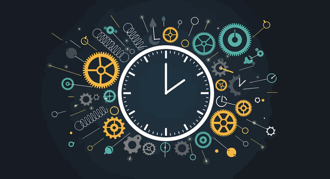 Dynamic illustration of a clock surrounded by intricate gears and mechanical parts, symbolizing time management, precision, efficiency, and complex operational systems