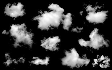 set abstract white fluffy cloud on an isolated black background. floating softly with a light texture, blending with smoke on sky, design use. cloud transparent in nature