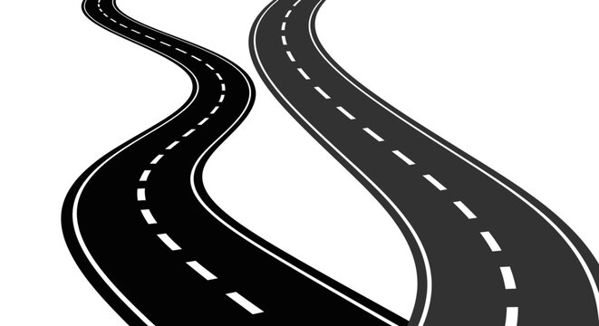 Two winding asphalt roads with dashed white lines diverging and curving against a white background.