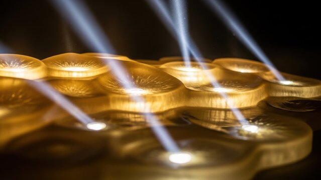 Close-up view of glowing gold coins with beams of light and reflections in a dark setting