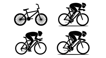 Naklejka premium Four silhouette illustrations of bicycles, including a BMX bike and three different racing bicycle positions.