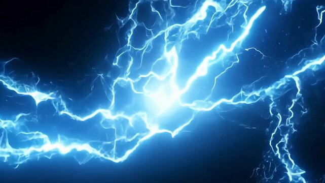 Intense blue lightning bolts and electrical discharges flashing against a black background.