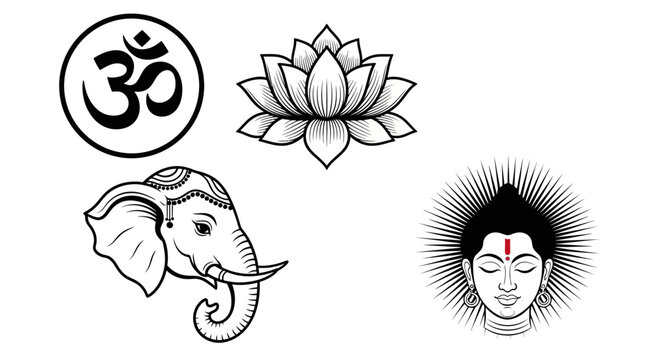 A collection of spiritual and cultural symbols including Om, a lotus flower, an elephant head, and a meditating figure.
