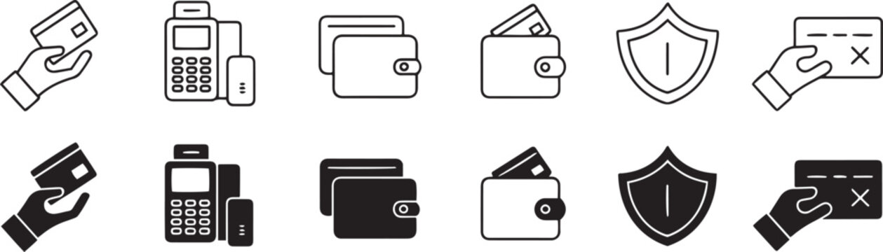 Collection of black and white icons depicting payment methods and security