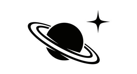 A minimalist black and white illustration of a ringed planet and a four-pointed star. © Zanita