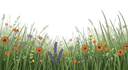 A vibrant illustration of a meadow filled with lush green grass and a variety of colorful wildflowers in bloom. © Zanita