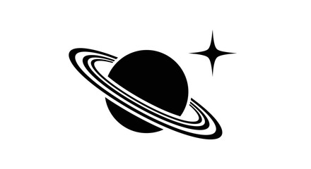 A stylized black and white illustration of a ringed planet with a four-pointed star. © Zanita