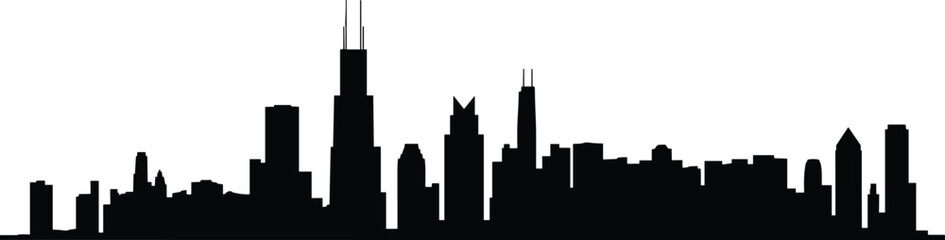 Obraz premium Black silhouette Chicago city skyline vector illustration with Willis Tower skyscraper urban architecture design for modern art and decorationBlack silhouette Chicago city skyline 