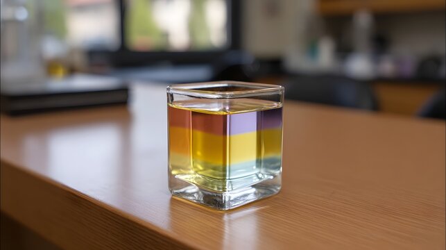 Precise layering of vibrant multi colored liquids demonstrates density sepa n within a clear glass vessel on a lab bench