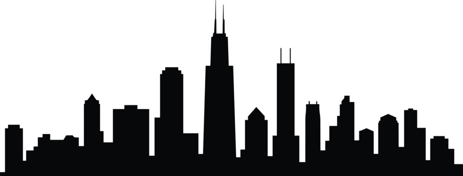 Black silhouette Chicago city skyline vector illustration with skyscrapers, urban architecture, modern buildings, metropolitan landmark design for stock content