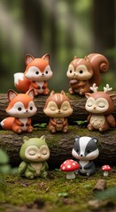 Obraz premium Collection of adorable forest animal figurines resting on mossy logs and ground