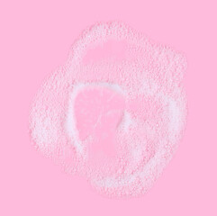top view liquid white foam soap, shampoo, or shower gel. Abstract bubbles. isolated on pink background. Clean concept, cosmetic visuals for a suds product. realistic soap texture with detailed bubble